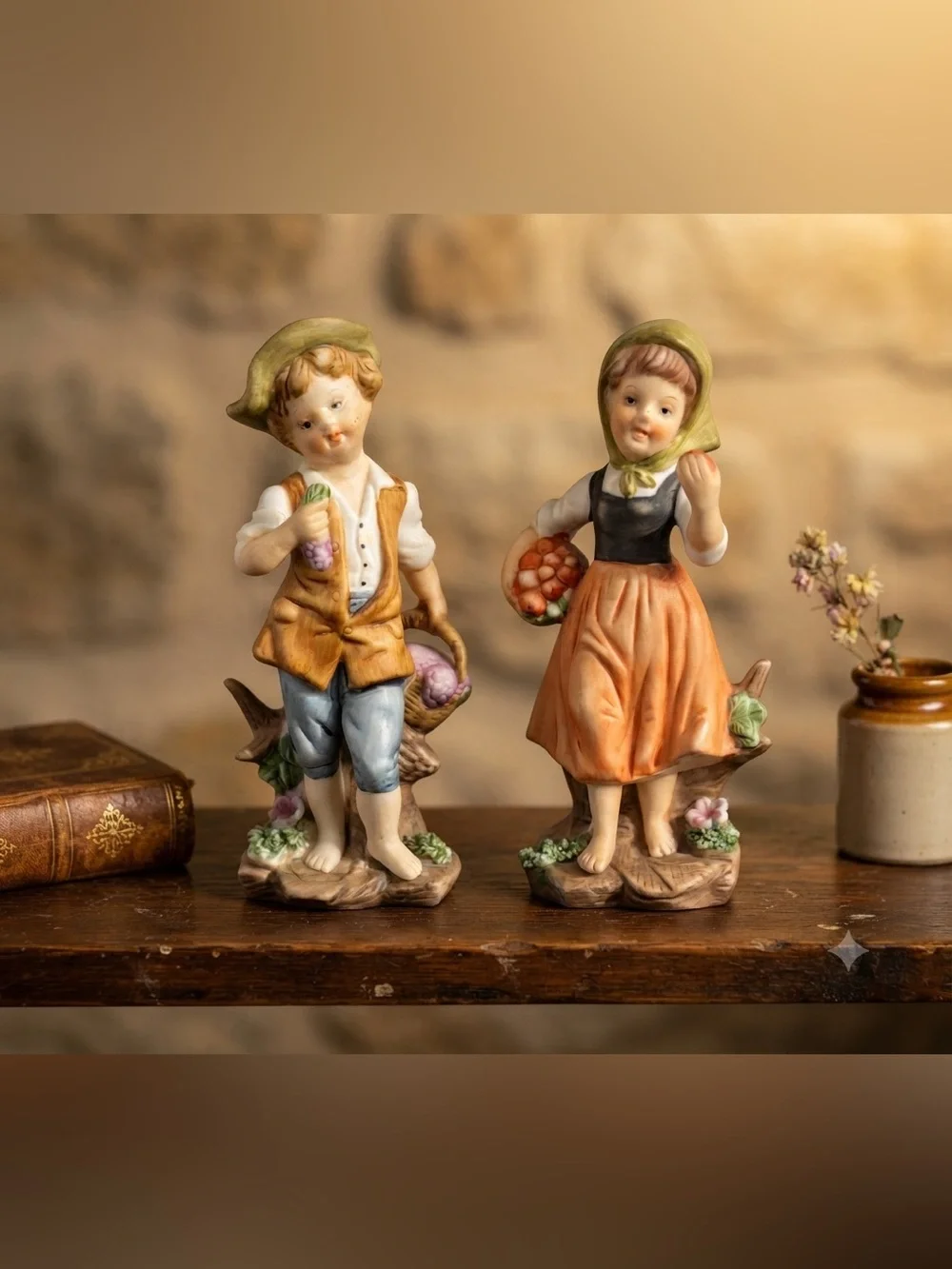 vintage hand-painted porcelain figurines of a boy and girl carrying baskets.